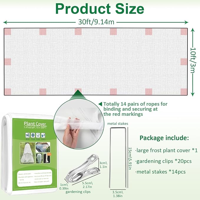 Plant Covers Freeze Protection, 10ft x 30ft 1.41oz/yd² White Frost Cloth Plant Blankets with 20