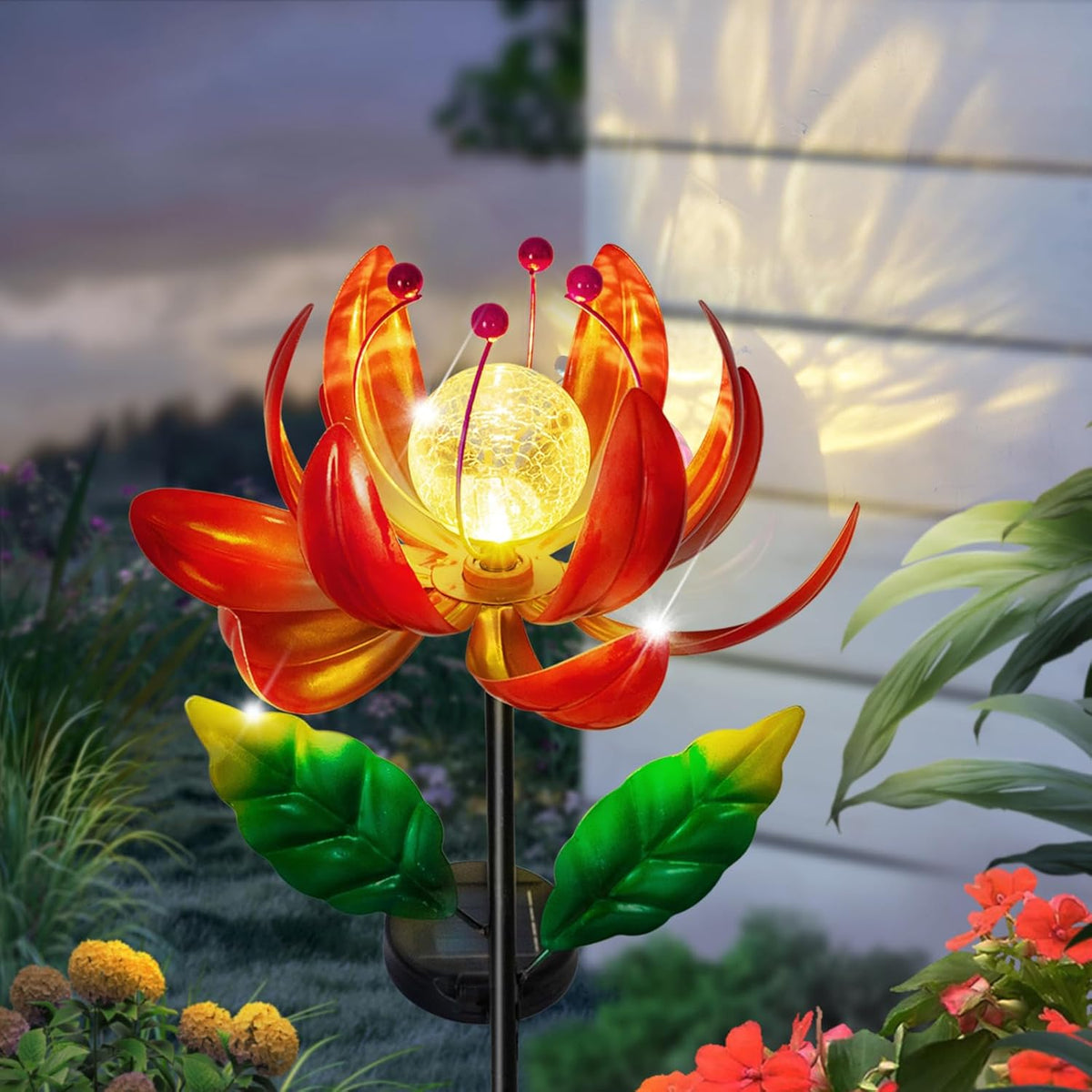 Solar Lights Outdoor Wind Spinners, Metal Lotus Flower Garden Decor with Waterproof LED Crackle