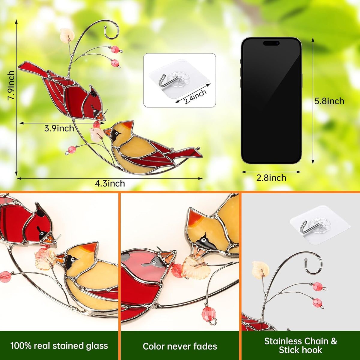 Handmade Cardinal Stained Glass Suncatcher Window Hanging Ornament for Christmas,Mother’s