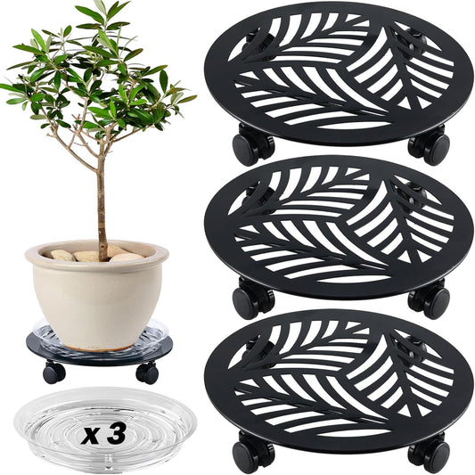 3 Packs Large Metal Plant Caddy with PU Wheels 13.6" Heavy-duty Wrought Iron Rolling Plant Stands