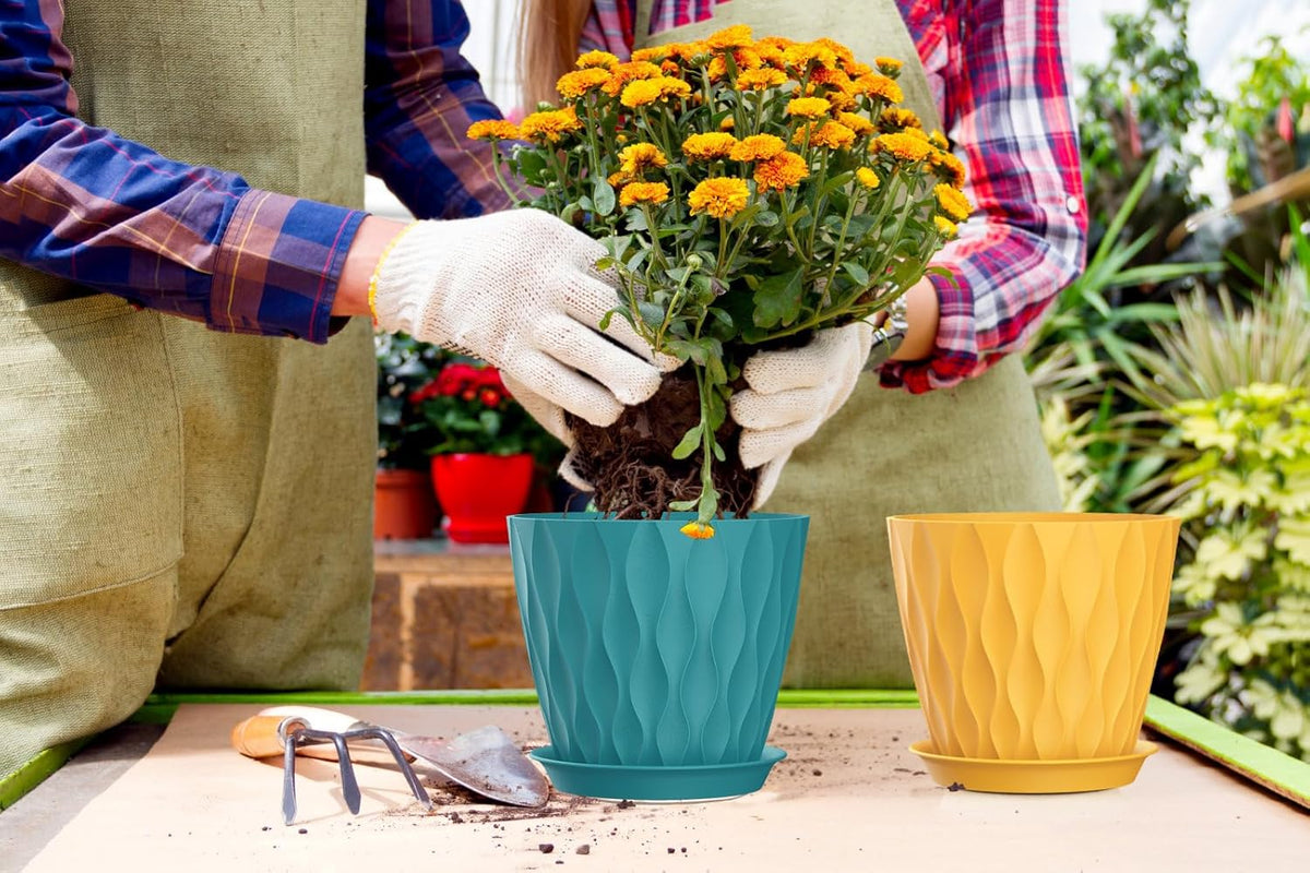 7 Inch Plant Pots 5 Pack, Flower Planters with Drainage Holes and Trays,Plastic Pots for Indoor