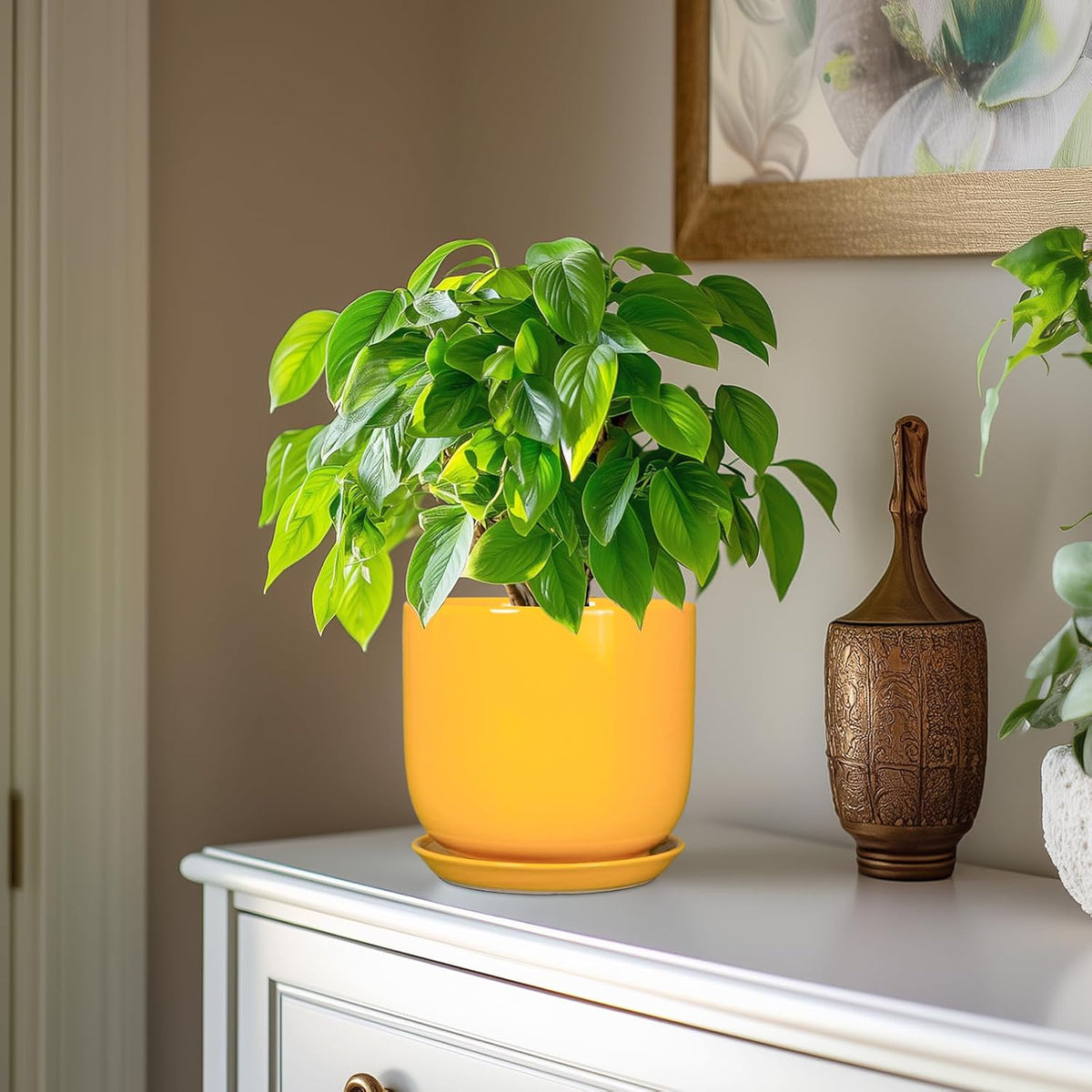Indoor Plant Pot - 7 Inch Modern Round Ceramic Planter for Indoor Outdoor Plants with Drainage Hole