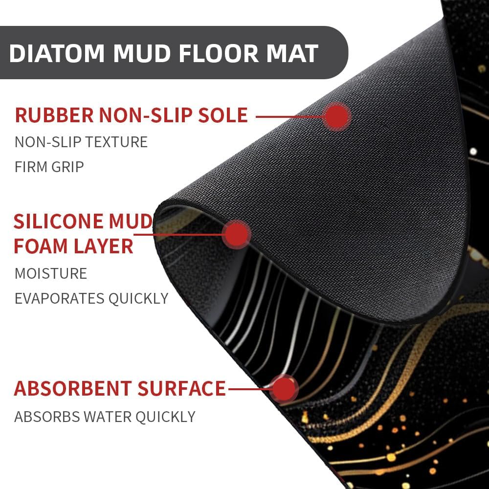 Bath Mat-Bathroom Rug，Black and Gold Abstract Marble-Absorbent Non Slip Quick Dry Stain Resistant