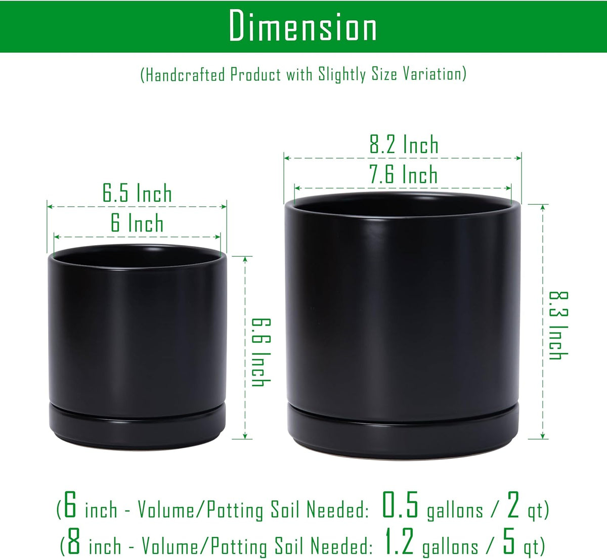 D'vine Dev 6.5 Inch & 8.2 Inch Ceramic Planter Pots for Plants with Drainage Hole and Saucer