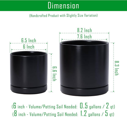 D'vine Dev 6.5 Inch & 8.2 Inch Ceramic Planter Pots for Plants with Drainage Hole and Saucer