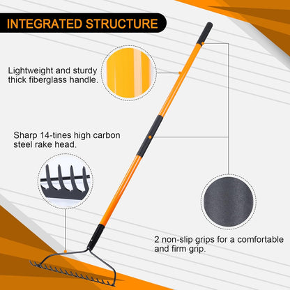 VNIMTI Garden Rake for Gardening, Heavy Duty Garden Rake for Lawns, 14 Tines Bow Rake with