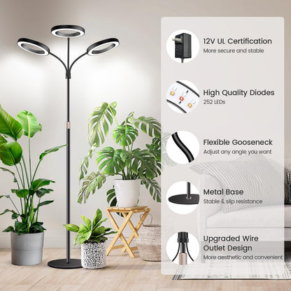 Garpsen Halo Floor Grow Light, Three-Head Full Spectrum LED Plant Light with Base, 5 Dimmable