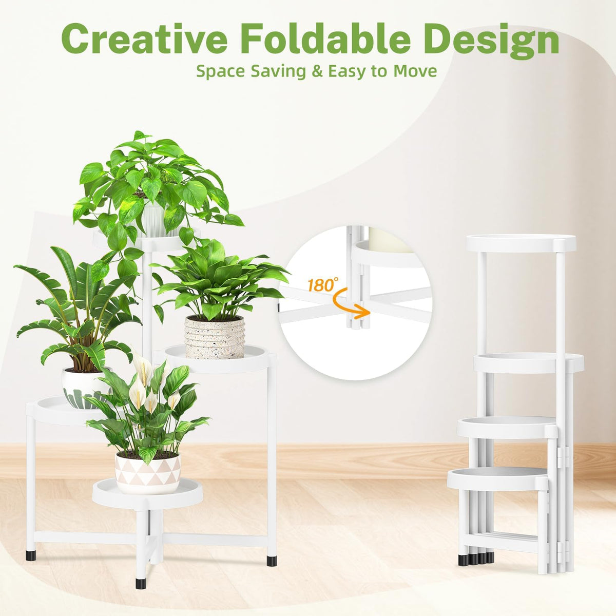iDavosic.ly 4 Tier Folding Plant Stand Indoor Outdoor with Plastic Tray, Tiered Corner Flower