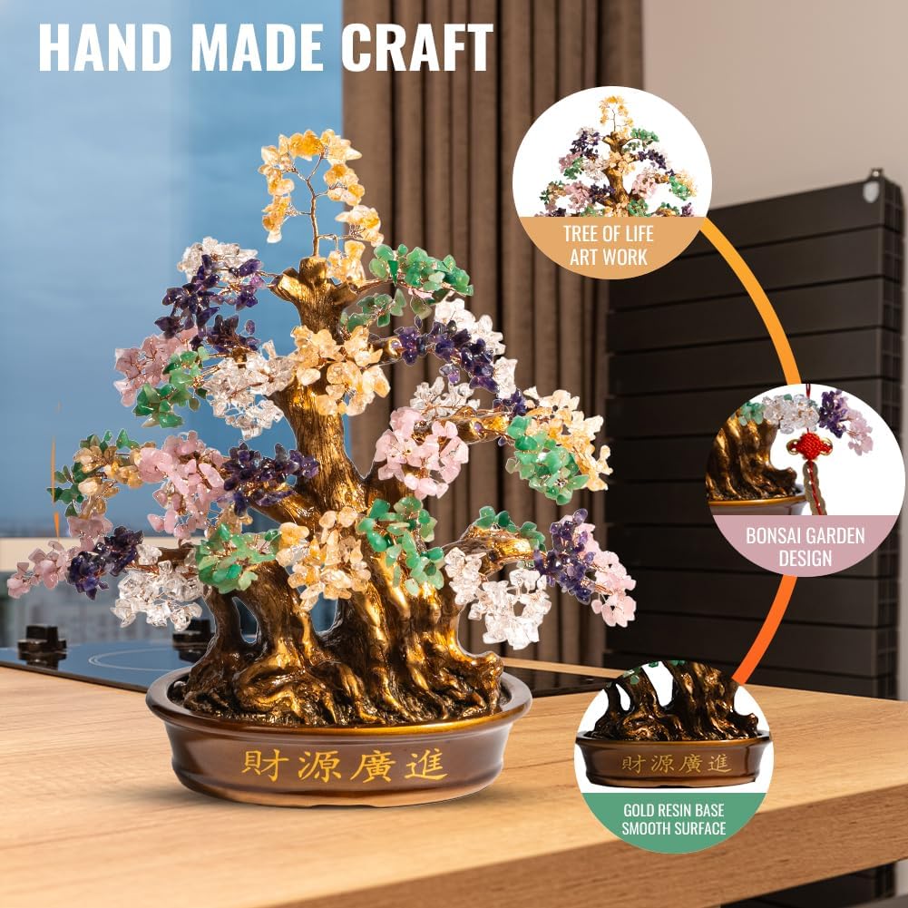 Natural Bonsai Feng Shui Money Tree, 18'', Includes Lucky Coins Chain, Tree of Life (1300 Gemstone