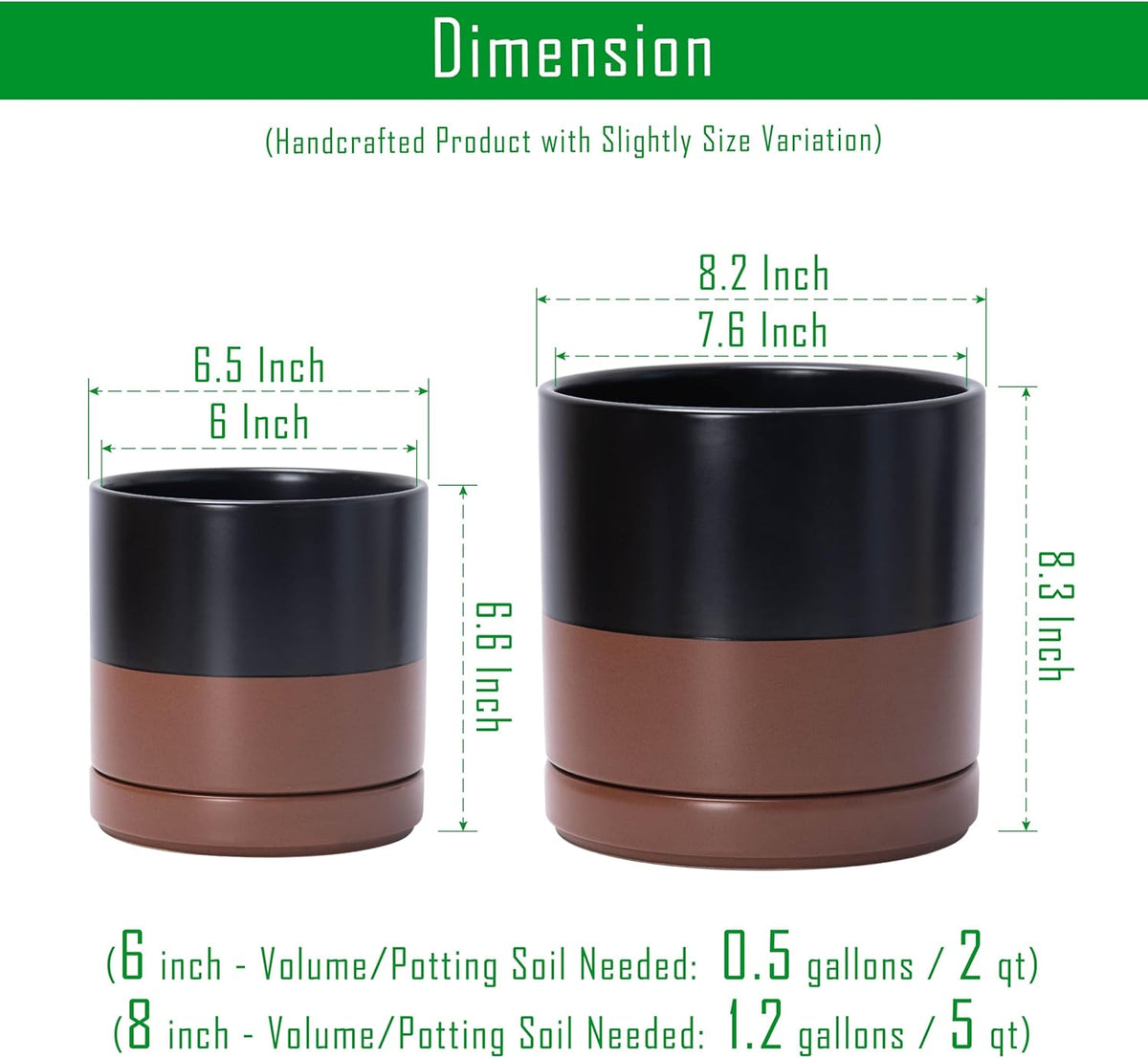 D'vine Dev 6.5 Inch & 8.2 Inch Ceramic Planter Pots for Plants with Drainage Hole and Saucer