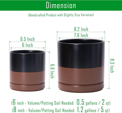 D'vine Dev 6.5 Inch & 8.2 Inch Ceramic Planter Pots for Plants with Drainage Hole and Saucer