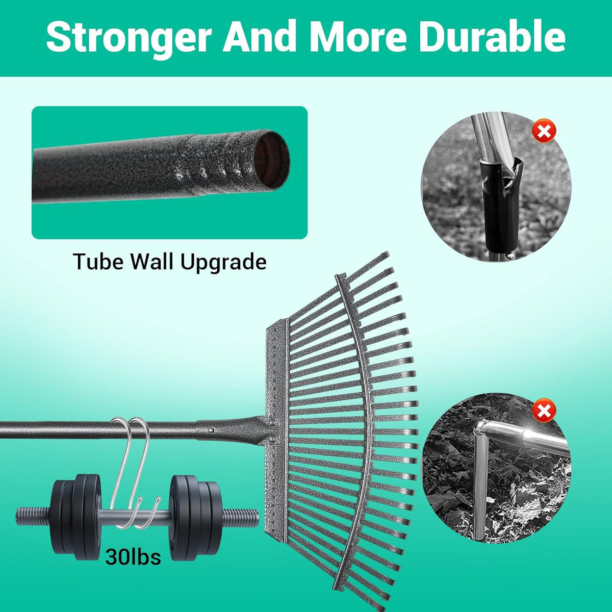 Adjustable Garden Rake for Leaves 36-73" Long Handle, 18" Wide, Heavy Duty with 25 Metal Tines