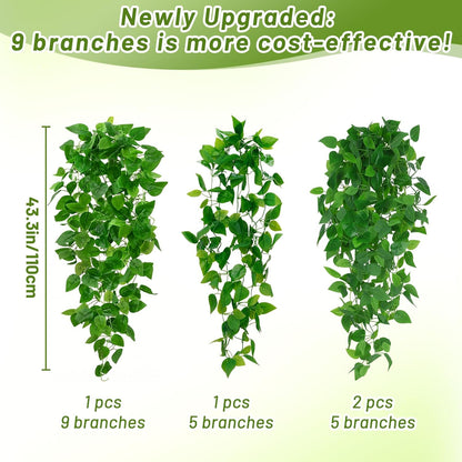 BLEUM CADE 2Pcs Fake Hanging Plants, 9 Branch Artificial Hanging Plant, Lush Faux Pothos Vines for