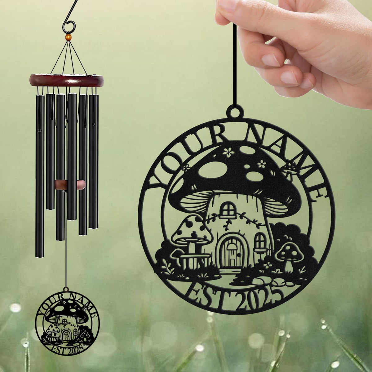 Personalized Customize Name Fantasy Mushroom Wonderland Wind Chime, Metal Iron 37 Inch Outdoor