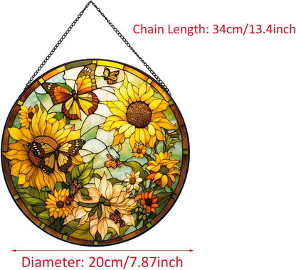Sunflower Hanging Stained Glass for Windows,20cm/7.87inch Hand-Painted Sun Catcher Garden Hangings