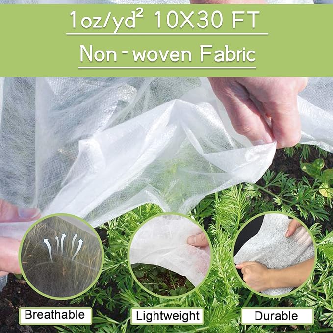 Plant Covers Freeze Protection Kit, 10 x 30Ft Frost Cloth and 6Pcs Fiberglass Garden Hoops 1oz/yd²