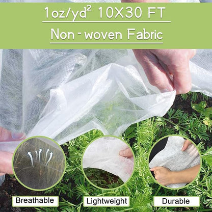 Plant Covers Freeze Protection Kit, 10 x 30Ft Frost Cloth and 6Pcs Fiberglass Garden Hoops 1oz/yd²