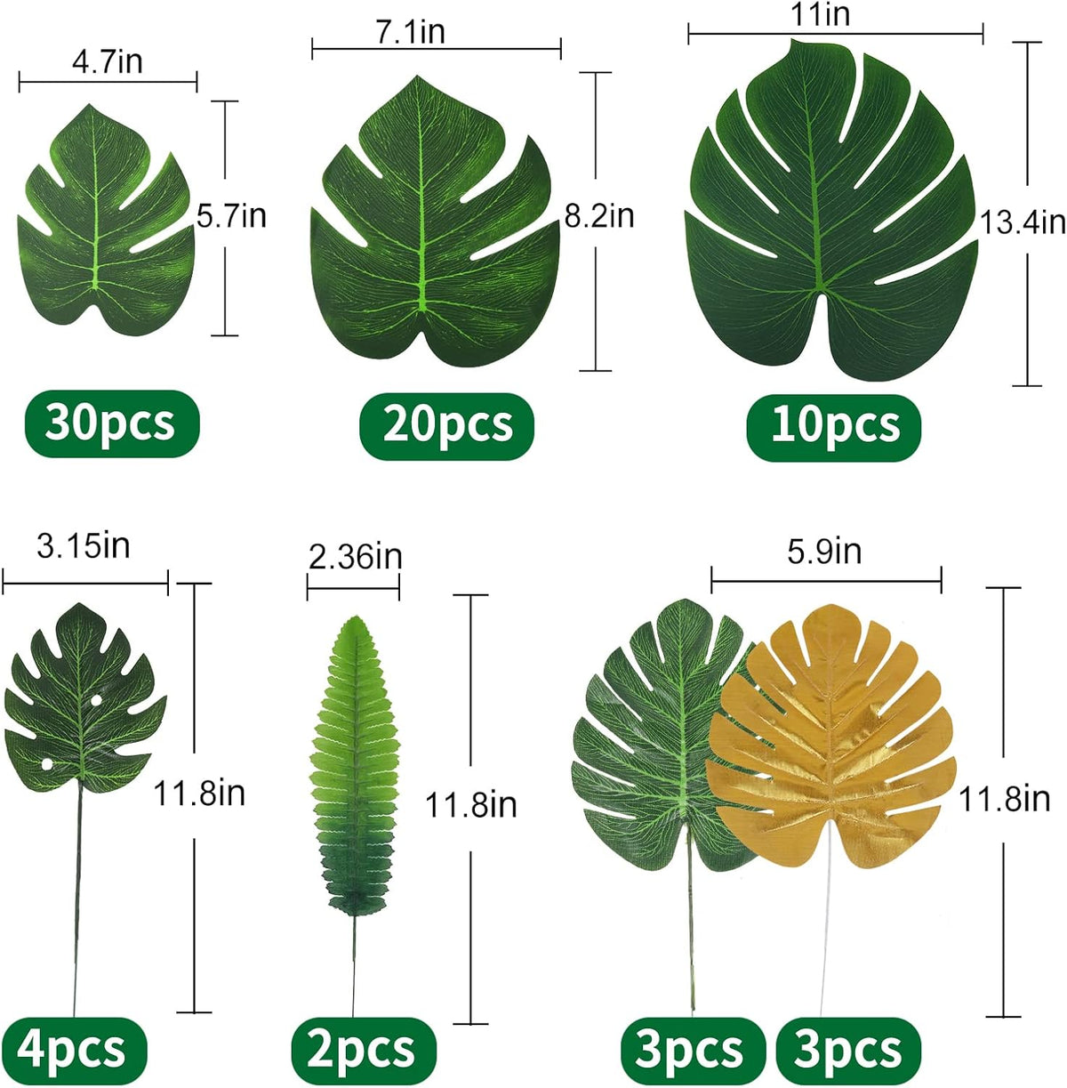 RECUTMS Artificial Tropical Palm Leaves 72Pcs 7 Kinds Green Gold Fake Monstera Leaf with Stem for