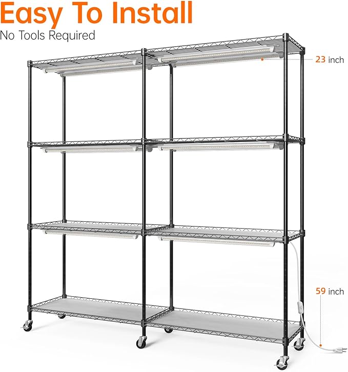 Bstrip Plant Shelf with Grow Light, 4-Tier Large Grow Light Shelf with Wheels, Stainless Steel