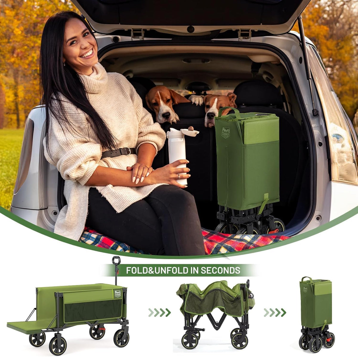 TIMBER RIDGE 49" Extra Long Collapsible Folding Wagon with Tailgate and Brakes, 300lbs Heavy Duty