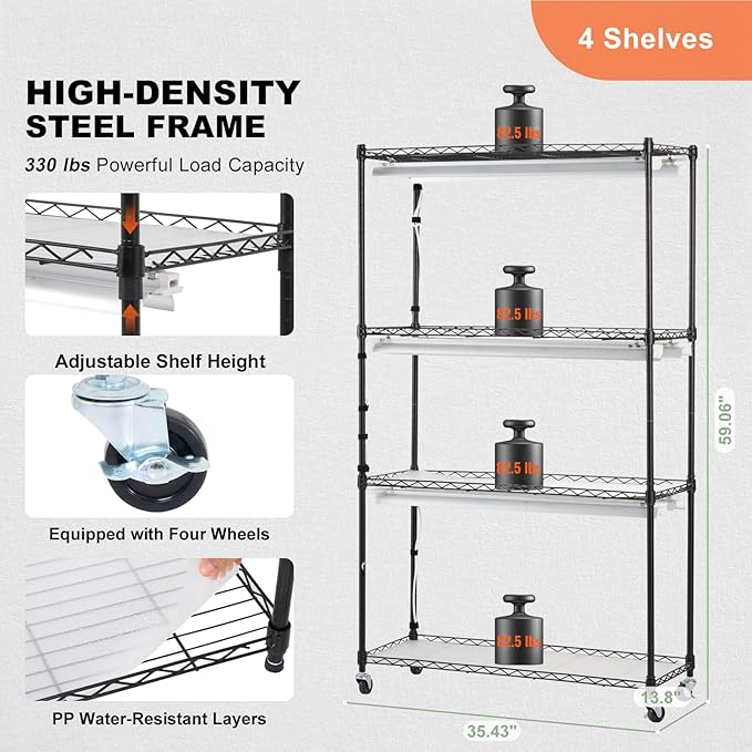 VEVOR Plant Stand with Grow Light, Grow Light Shelf with Cover and Thermometer, 4 Tiers 180W Plant