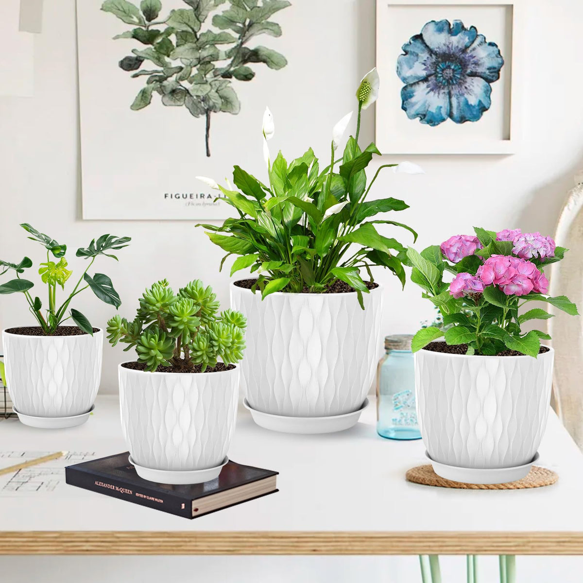 LESOASIS Plastic Plant Pots 10/9/8/7.5/7 inch Set of 5, Flower Planters with Drainage Holes and