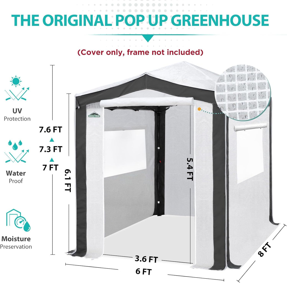 EAGLE PEAK Replacement Cover for 8x6 Pop up Greenhouse with Polyester Reinforced Corners, Front and