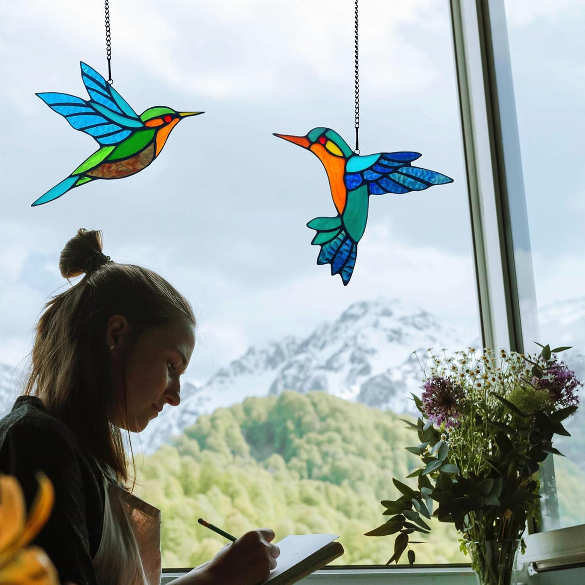 2 Packs Stained Glass Hummingbird Suncatcher Window Hanging Ornament, Stained Glass Birds