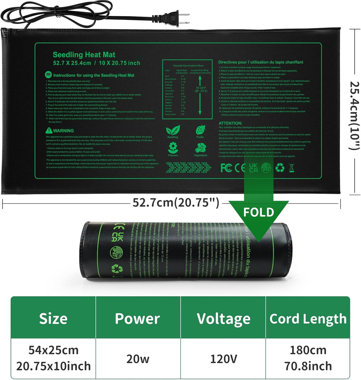 Seedling Heat Mat Durable Waterproof Plant Heating Pad 10"x 20.75" for Germination, Indoor