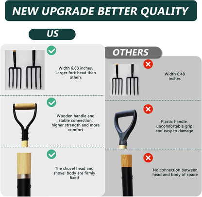 Garden Fork, 4-Tine Spading Digging Fork, Pitch Fork-45Inch, Forged Steel Y-Grip, Wood Handel
