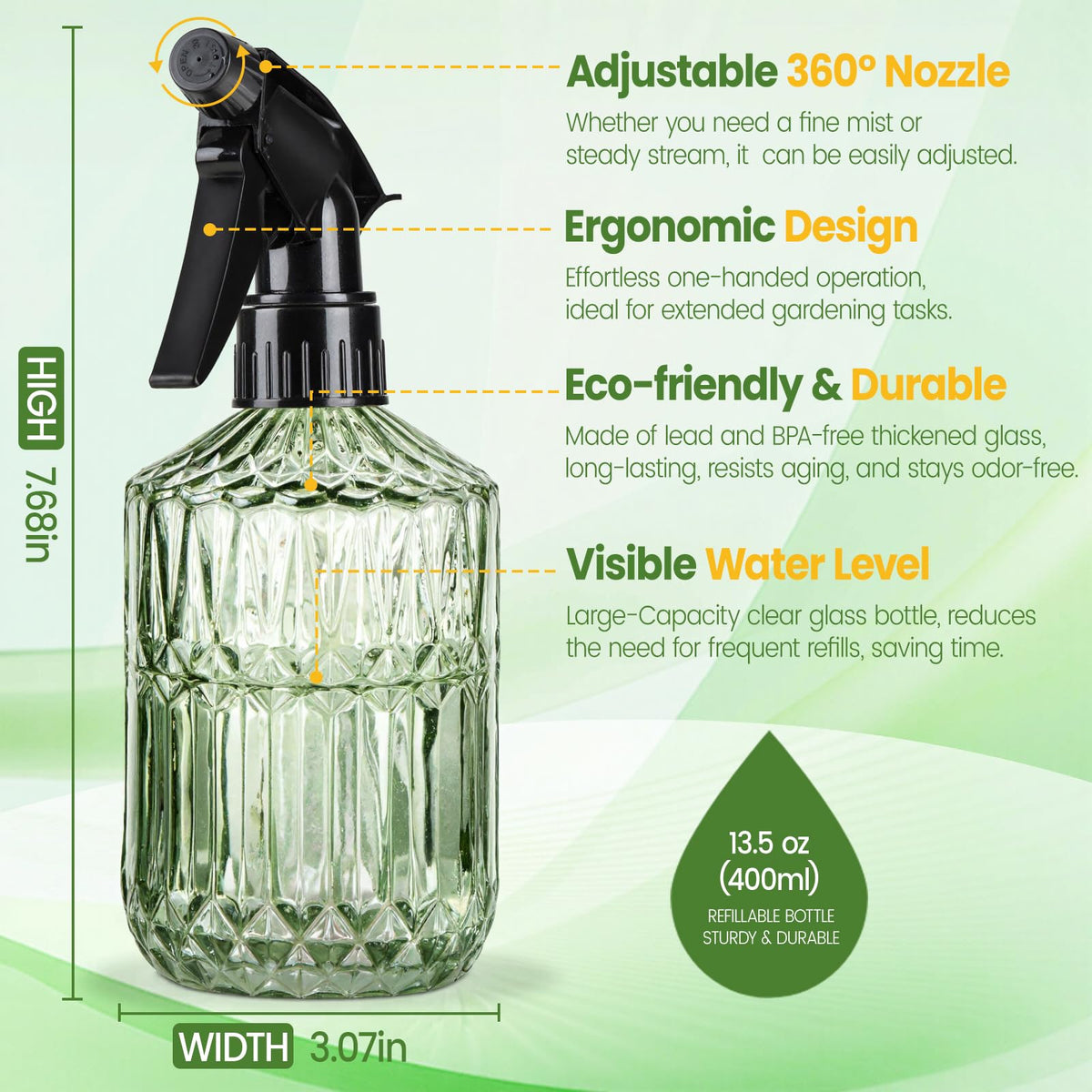 Sincengel Glass Plant Mister Bottle - 13.5 oz Refillable Leak Proof Water Spray Bottle for Indoor