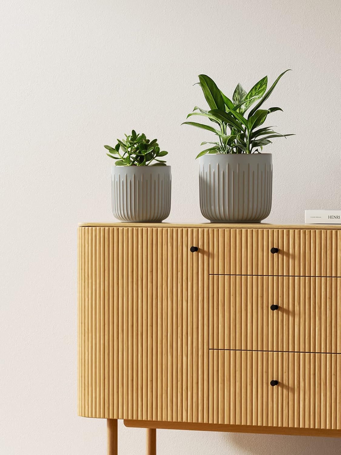 LE TAUCI Fluted Ceramic Planters Set of 3 – 8.3/7 / 5.7 in Blue Gray Reactive Cylinder Indoor Plant