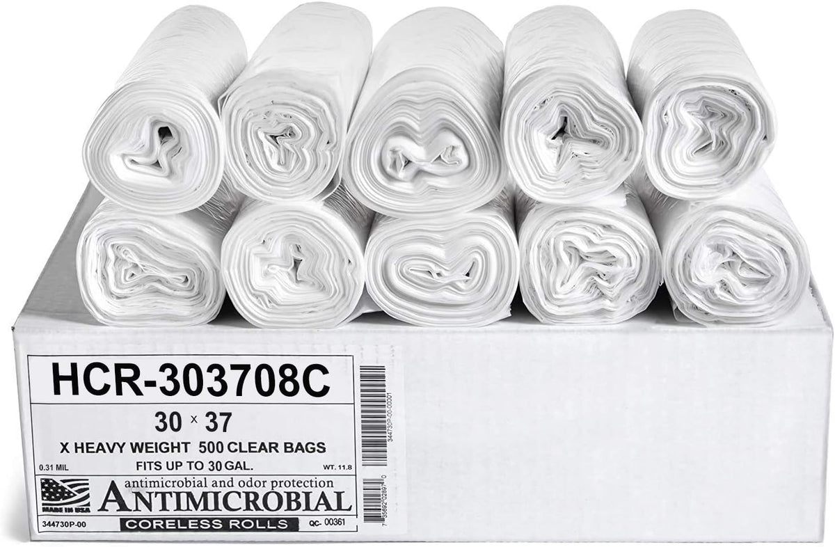 Aluf Plastics High Density Trash Bags, 30 Gallon, 500 Count, 8 Micron (eq), 30" x 37", Clear, for