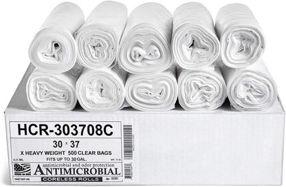 Aluf Plastics High Density Trash Bags, 30 Gallon, 500 Count, 8 Micron (eq), 30" x 37", Clear, for