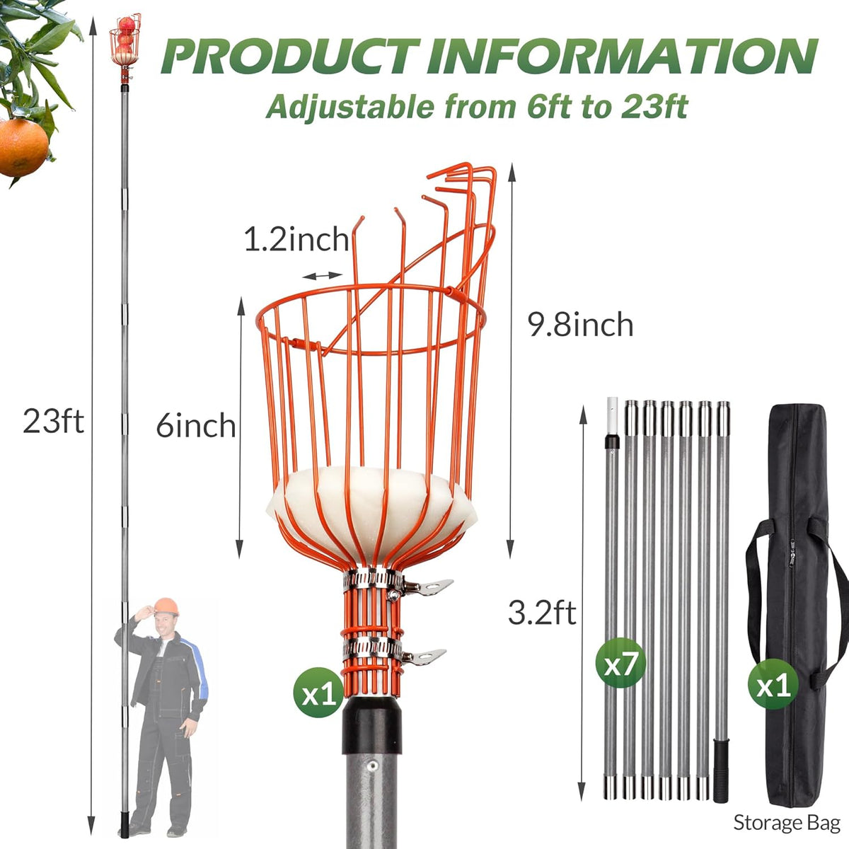Walensee 23FT Fruit Picker, Adjustable Fruits Picker Tool with Fiberglass Pole, Big Basket and