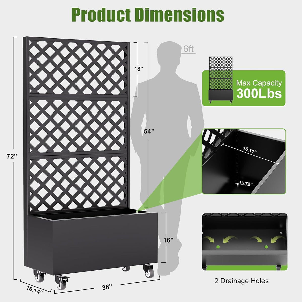 Metal Raised Garden Bed with Trellis and Wheels,72"x 36"x 16" Planter Box with Trellis Privacy