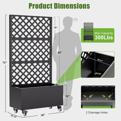Metal Raised Garden Bed with Trellis and Wheels,72"x 36"x 16" Planter Box with Trellis Privacy