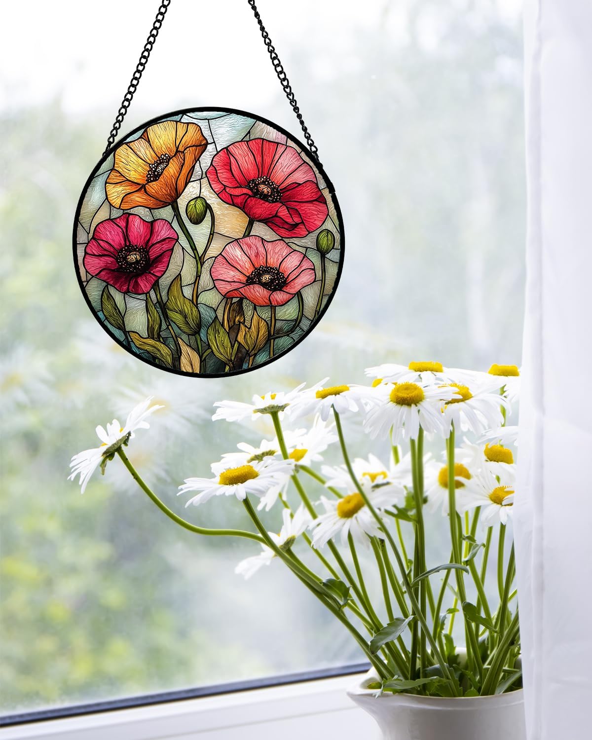 Stained Glass Window Hanging, Red Orange Poppy Birth Flowers Sun Catcher for Door Garden Yard Decor