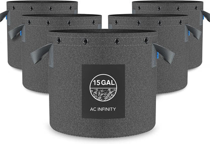 AC Infinity Heavy Duty Fabric Pots, 15 Gallon Aeration Reusable Grow Bags 5-Pack with 500G Thick