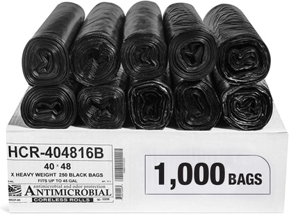 Aluf Plastics High Density Trash Bags, 45 Gallon, 1000 Count, 16 Micron (eq), 40" x 48", Black, for