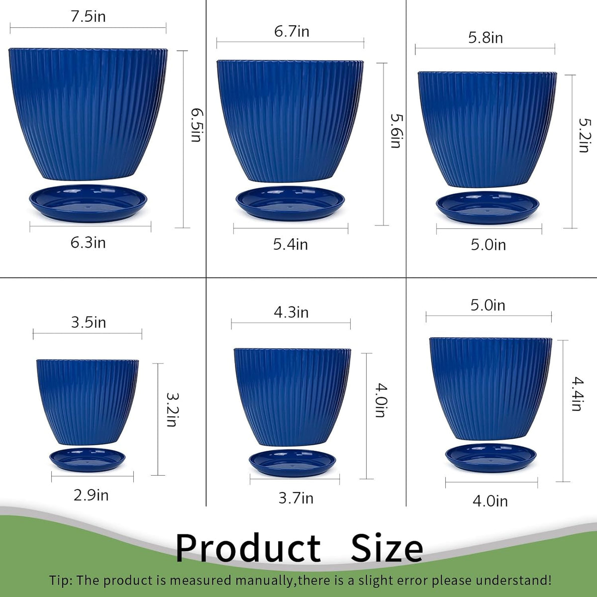 6pcs Plastic Flower Pots, 7.5/6.6/5.8/5.0/4.3/3.5 inches, Indoor/Outdoor Home Decoration, Thick and