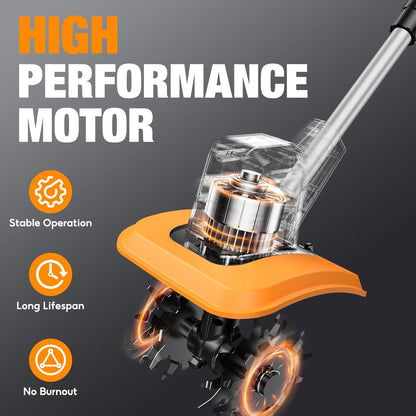 Upgraded Cordless Tiller for Gardening with 8.0Ah (2×4.0Ah Batteries), 48 Steel Tines Battery