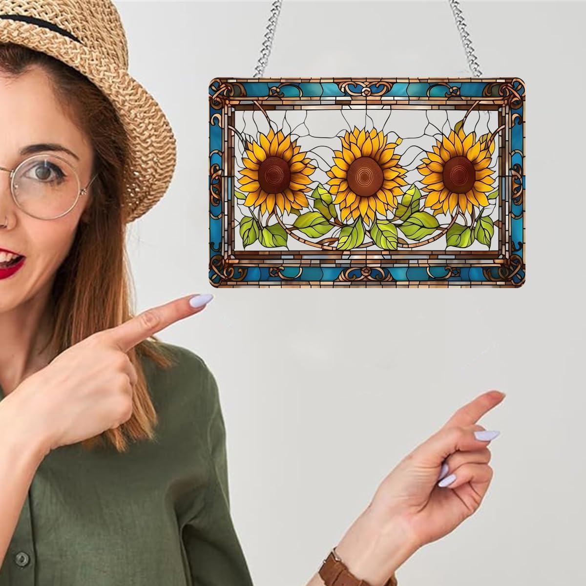 Large Acrylic Sunflower with Green Leaves Window Hanging Decor - Stained Glass Style with Colorful