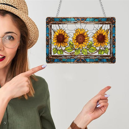 Large Acrylic Sunflower with Green Leaves Window Hanging Decor - Stained Glass Style with Colorful