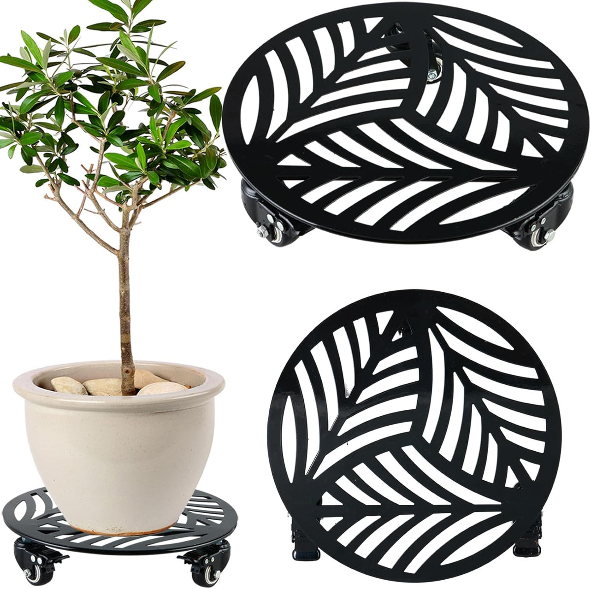 1 Pack 12 inches Large Metal Plant Caddy with 3 PU Metal Wheels Rolling Plant Stand with Casters