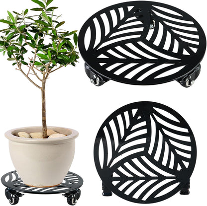 1 Pack 12 inches Large Metal Plant Caddy with 3 PU Metal Wheels Rolling Plant Stand with Casters