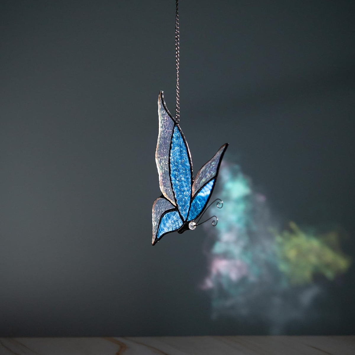 Holographic Butterfly (Blue) Sun Catcher Stained Glass Window Hanging, 7 * 5 inches Stained Glass