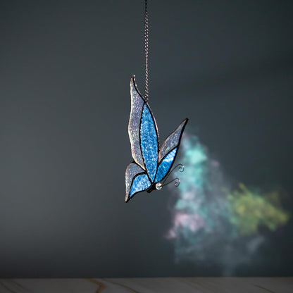 Holographic Butterfly (Blue) Sun Catcher Stained Glass Window Hanging, 7 * 5 inches Stained Glass