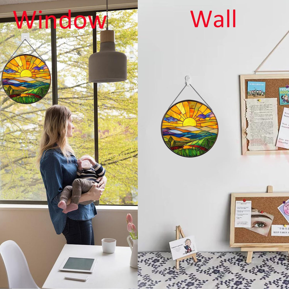 Hanging Stained Glass for Windows,20cm/7.87inch Sunrise Stained Glass Suncatcher Garden Hangings