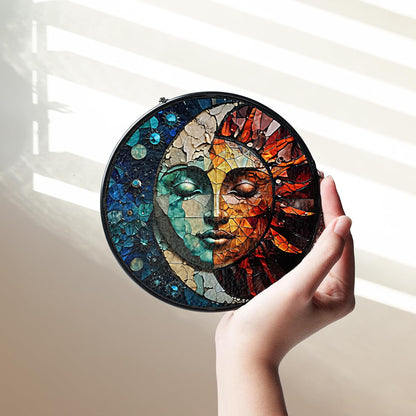 7.8" Sun and Moon Stained Glass Suncatchers Art Glass Celestial for Sun Catcher Indoor Window Gifts